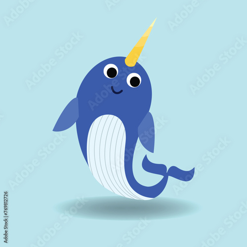 Narwhal cartoon flat style. vector illustration.Baby whale with blue background.Alphabet animal concept