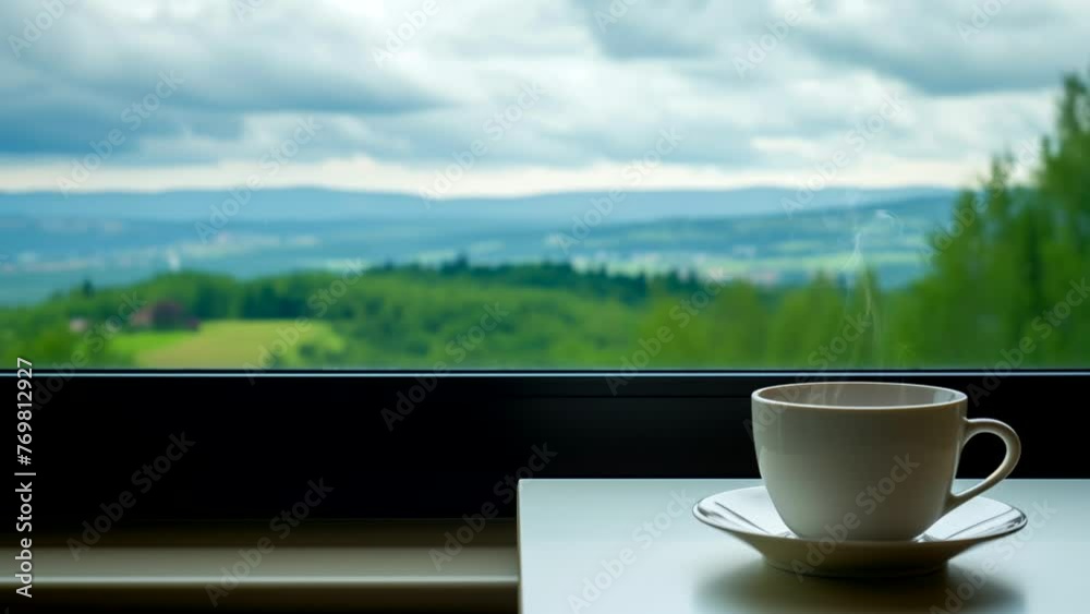 A warm cup of coffee at the window with copy space, cozy vibes. seamless looping 4k time-lapse video background A warm cup of coffee at the window with copy space, cozy vibes. seamless looping 4k time-lapse video background