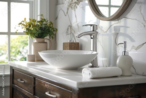 Focus on a contemporary freestanding vanity with a vessel sink and brushed nickel hardware. 