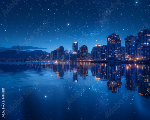 Port city with mirror reflection and starry sky © wpw