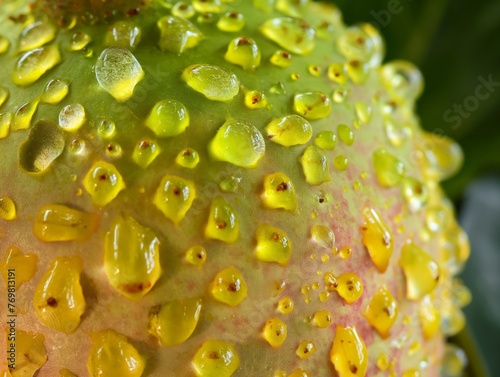 Macro shot of dew on the textured surface of a fruit, highlighting freshness and natural details.