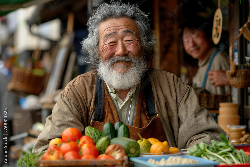 Portrait of a Japanese Man Managing a Street Vendor Food Stand with Fresh Natural Agricultural Products. Happy Old Handsome Farmer with Grey Hair and Beard is Looking at Camera and Charmingly Smiling