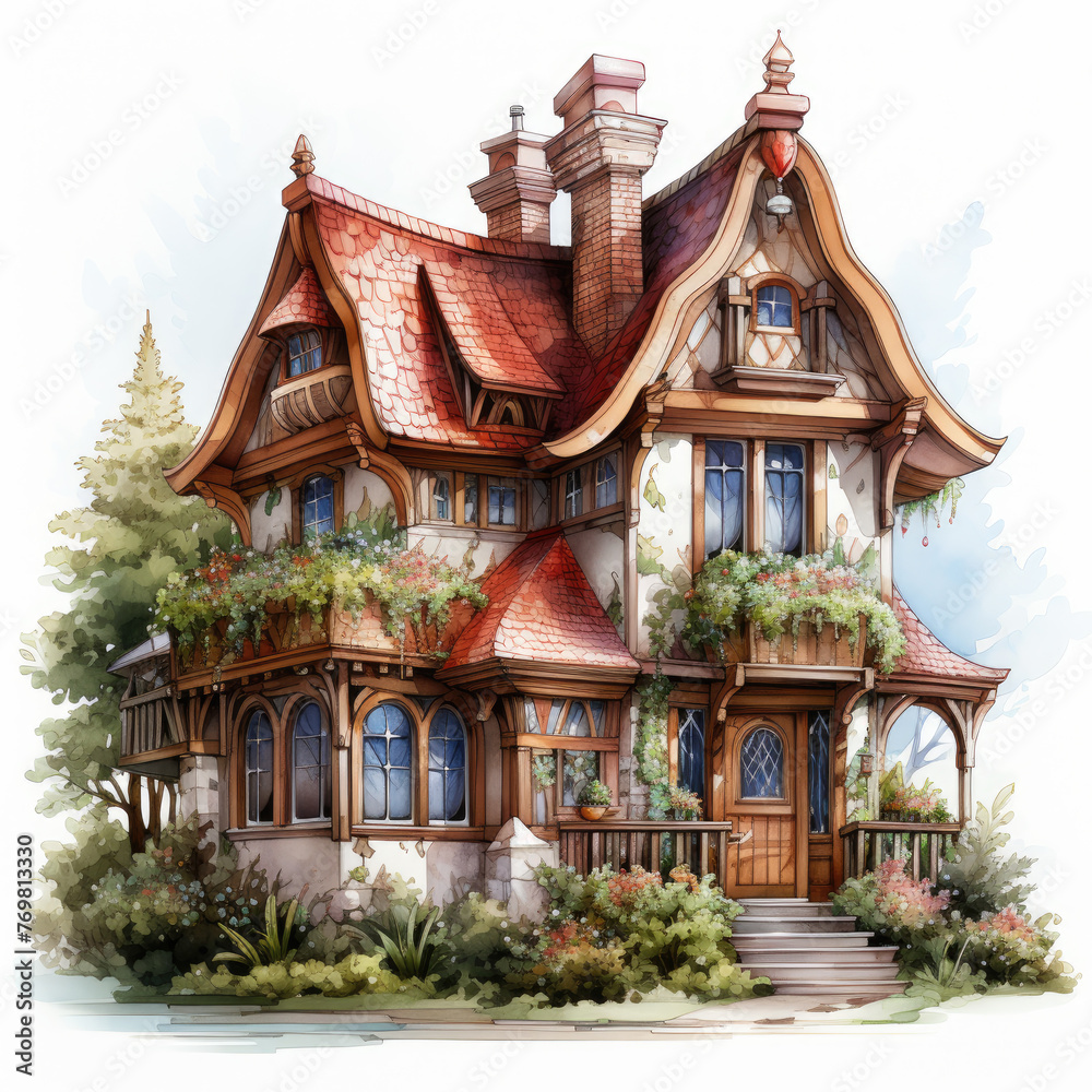 watercolor Kawaii Gingerbread House clipart, Generative Ai