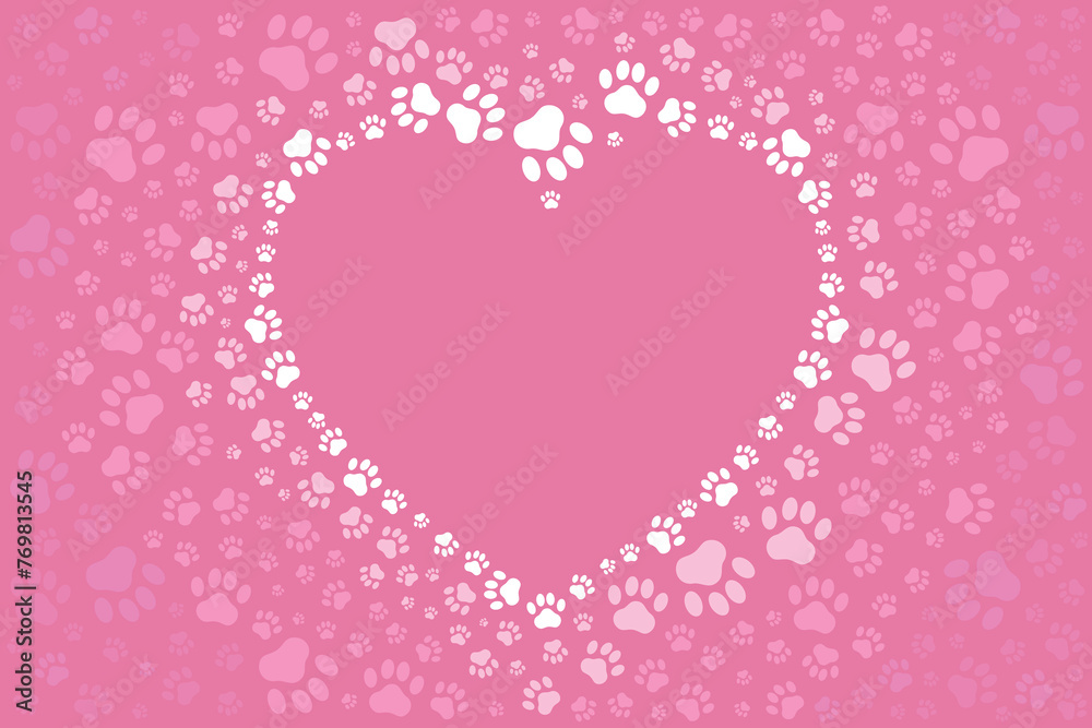 White and pink heart-shaped paw pattern on a pink background