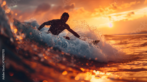 Surfer Riding a Wave at Sunset © MEIKI
