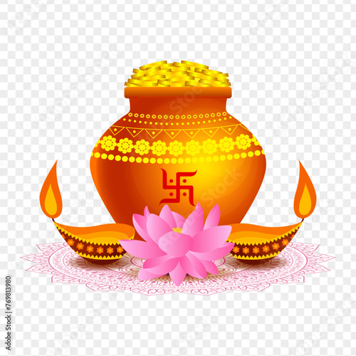 Gold coins in pot with flowers and diya on mandala vector with transparent background