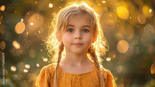 Portrait of a young girl in golden light with sparkling bokeh background.