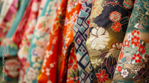 Detailed view of traditional Japanese kimonos with intricate floral patterns and bright colors