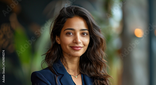 Portrait of a Confident Young Indian Businesswoman Standing in Office in a Blue Business Suit. Successful Corporate Manager Posing for Camera with Crossed Arms, Smiling Cheerfull © AI_images