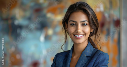 Portrait of a Confident Young Indian Businesswoman Standing in Office in a Blue Business Suit. Successful Corporate Manager Posing for Camera with Crossed Arms, Smiling Cheerfull photo
