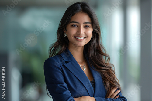 Portrait of a Confident Young Indian Businesswoman Standing in Office in a Blue Business Suit. Successful Corporate Manager Posing for Camera with Crossed Arms, Smiling Cheerfull photo