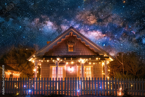 A quaint craftsman-style miniature house with a white picket fence, adorned with fairy lights, standing under a starry night sky. photo