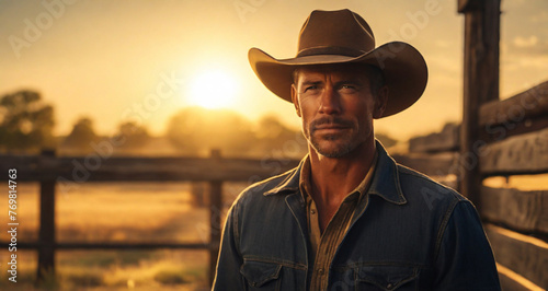 A texan cowboy portrait in the sunset - Generative AI photo