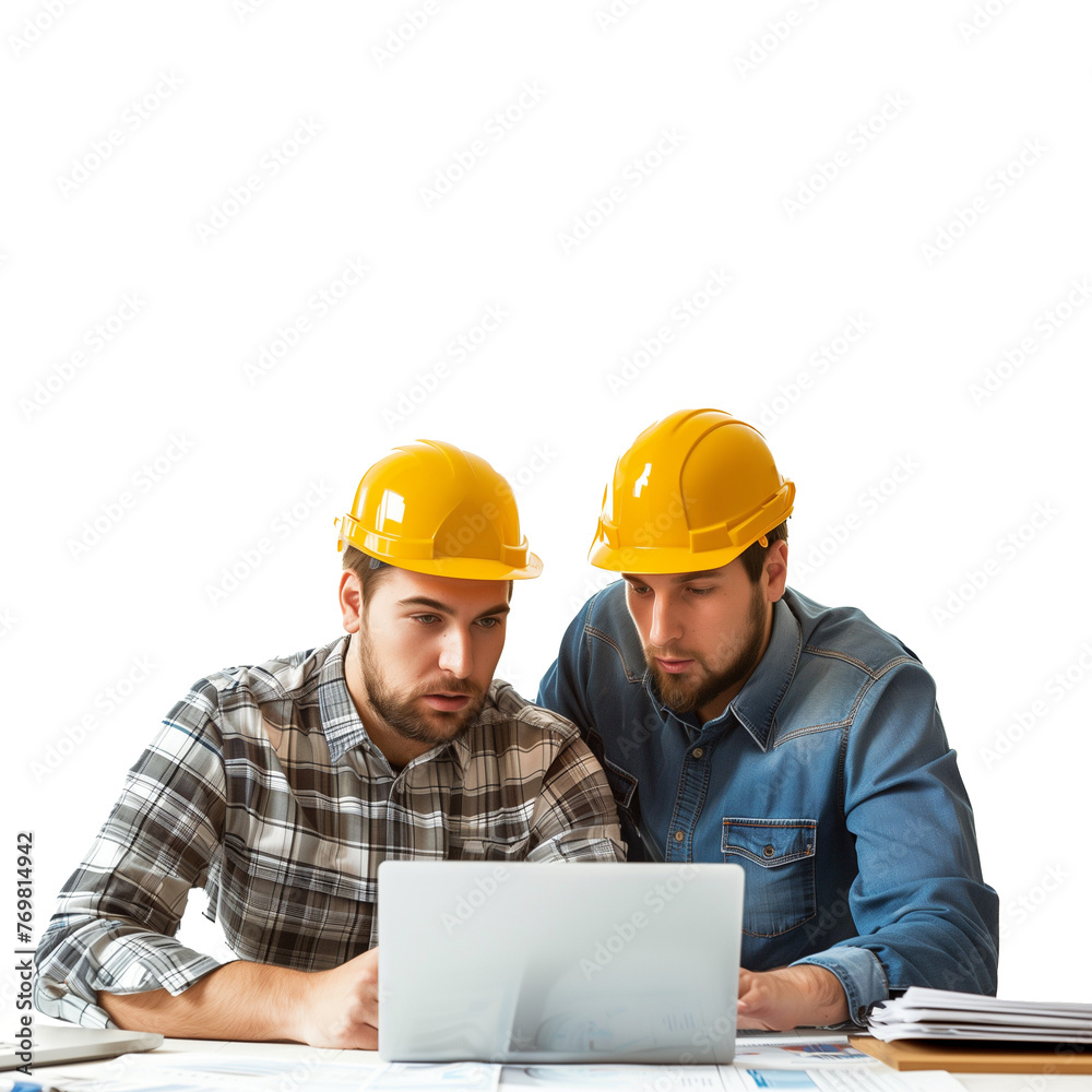 Construction professionals working on plans with laptop Construction professionals working on plans with laptop