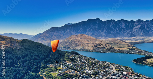 Photography Paragliding over Queenstown New Zealand, majestic snowy mountains background, Sp