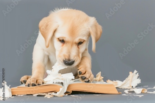 puppy looking down, paws on shredded book