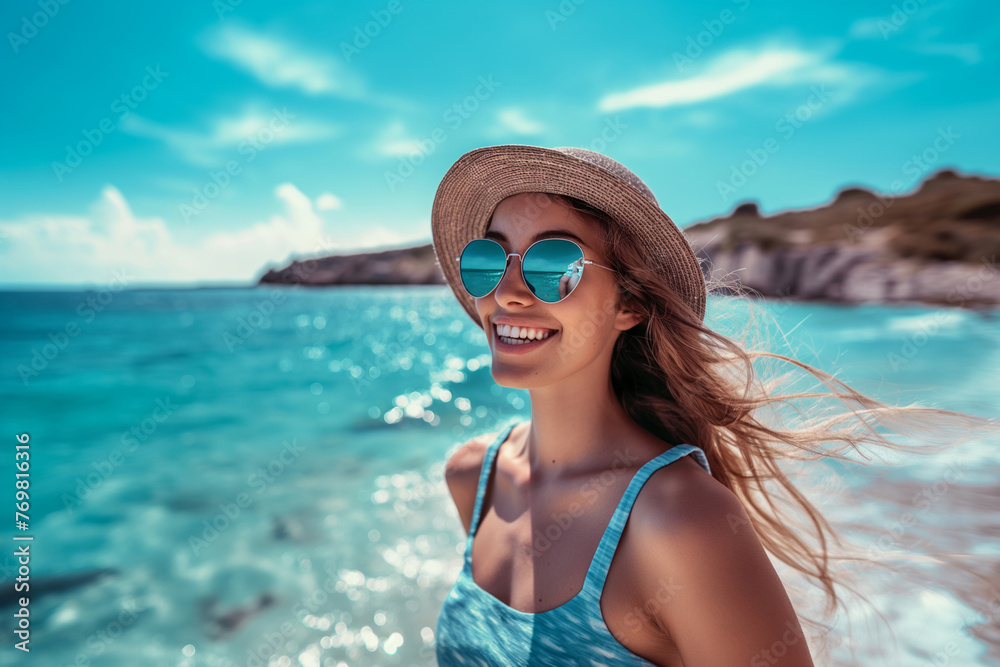 Happy young tourist woman wearing beach hat, sunglasses and backpacks going to travel on holidays on blue background.