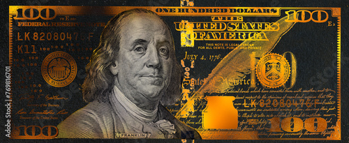 golden textured 100 US dollar banknote with black background
