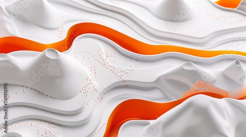 An abstract background with white and orange topographic waves, with orange  dots on the surface. Topographic model, map, geometric shapes. Generated by artificial intelligence.
