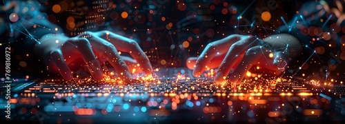 close up of hands typing on computer keyboard, futuristic background with glowing connection lines and data visualizations in the air. Generative AI © Skiffcha