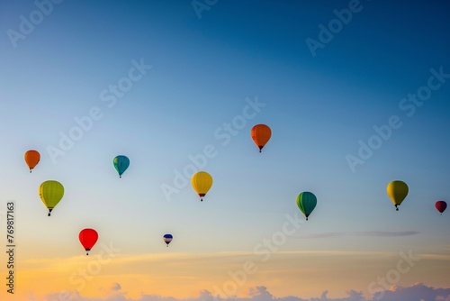 colorful balloons dotting the sky with sunrise on the horizon