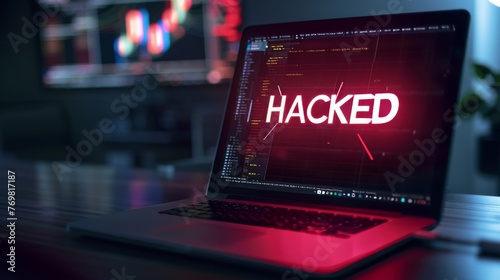 Close-up message "HACKED" floating out the laptop screen. In the background is the plain dark gray laptop. Captured in the style of landscape photograph with film camera using Nikon D750 film