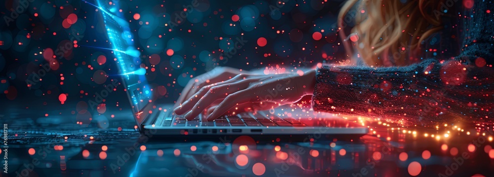 Hand of businesswoman typing on laptop computer with digital connection lines, data transfer and technology network concept banner background. Generative AI - obrazy, fototapety, plakaty 