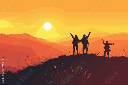 Group of people on the mountain  Silhouettes of happy friends sunset background  Group of friends in the sunset