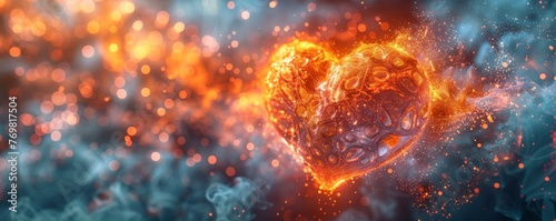 An artistic digital rendering of a fiery heart shaped sculpture surrounded by sparkling bokeh lights and smoke.
