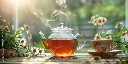 A steaming cup of herbal tea with a teapot and teacup. 