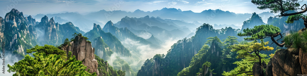 Landscape banner of clouds, sea, fog and pine trees in Huangshan, Anhui, China,created with Generative AI tecnology. - obrazy, fototapety, plakaty 