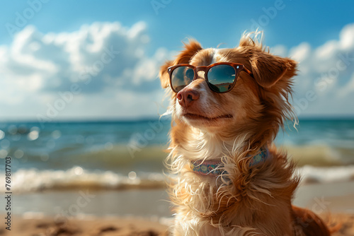 Dog in sunglasses on the beach, sea-loving puppy in shades, sunny seashore vibes.