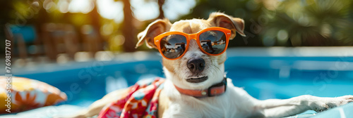 Sunny day, dog in sunglasses on the beach, stealing hearts with its energy.