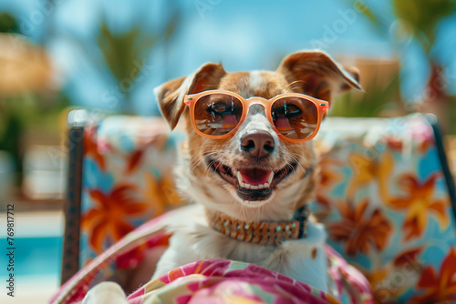 Dog in sunglasses on the beach, seaside joy, pet sunbathing, summertime fun.