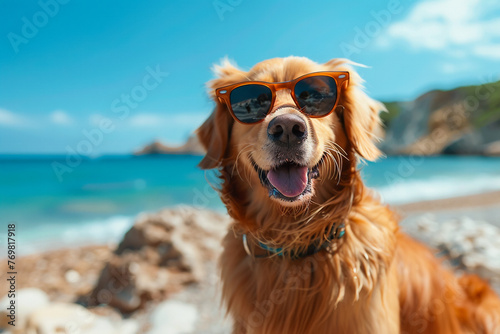 Dog in sunglasses on the beach, seaside happiness, pet sunbathing, beachside relaxation.