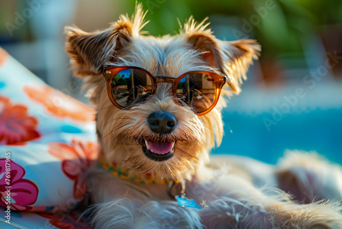 Dog in sunglasses on the beach, ocean relaxation, pet sunbathing, summertime vibes.