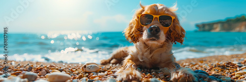 Dog in sunglasses on the beach, summer banner: leisure time, sunbathing pooch, lazy days. photo