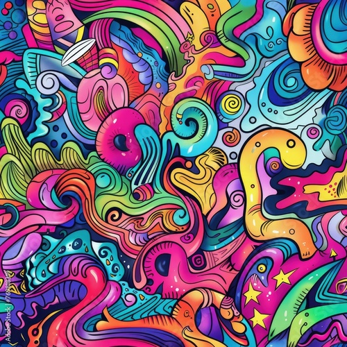 Vibrant Swirling Doodles: Abstract Colorful Seamless Art Pattern