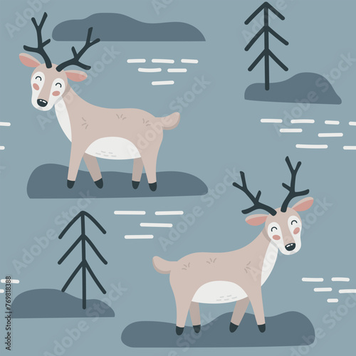 Seamless pattern with cute cartoon hand draw deer in forest, tundra on dark blue background. Design for printing, textile, fabric. © AnaRisyet