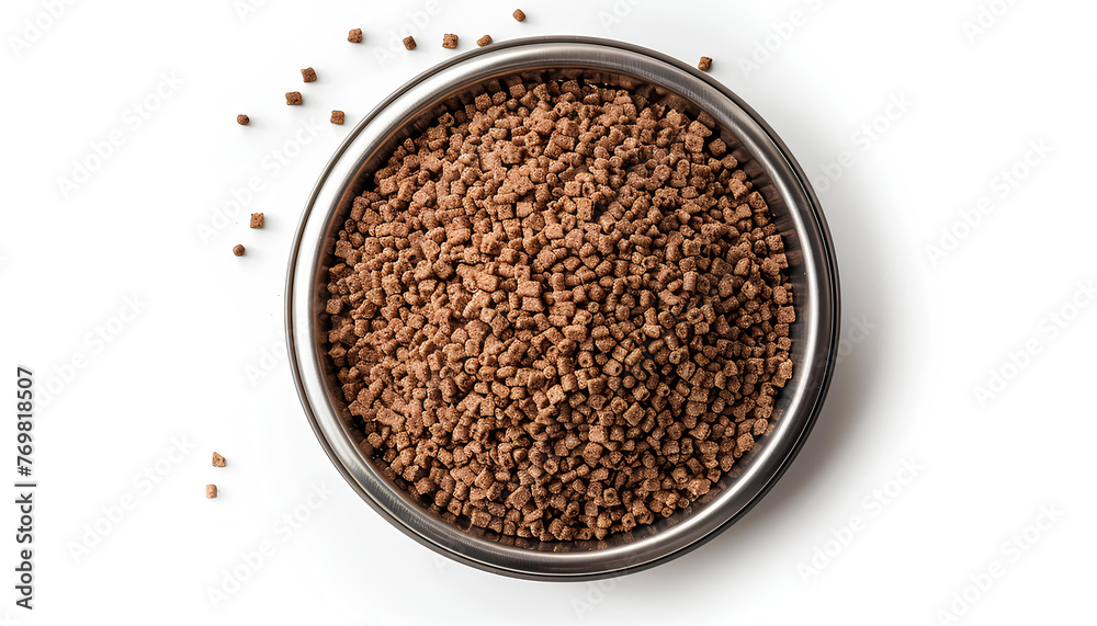 Metal animal bowl with dry feed. Isolated on white. Top view Metal animal bowl with dry feed. Isolated on white. Top view