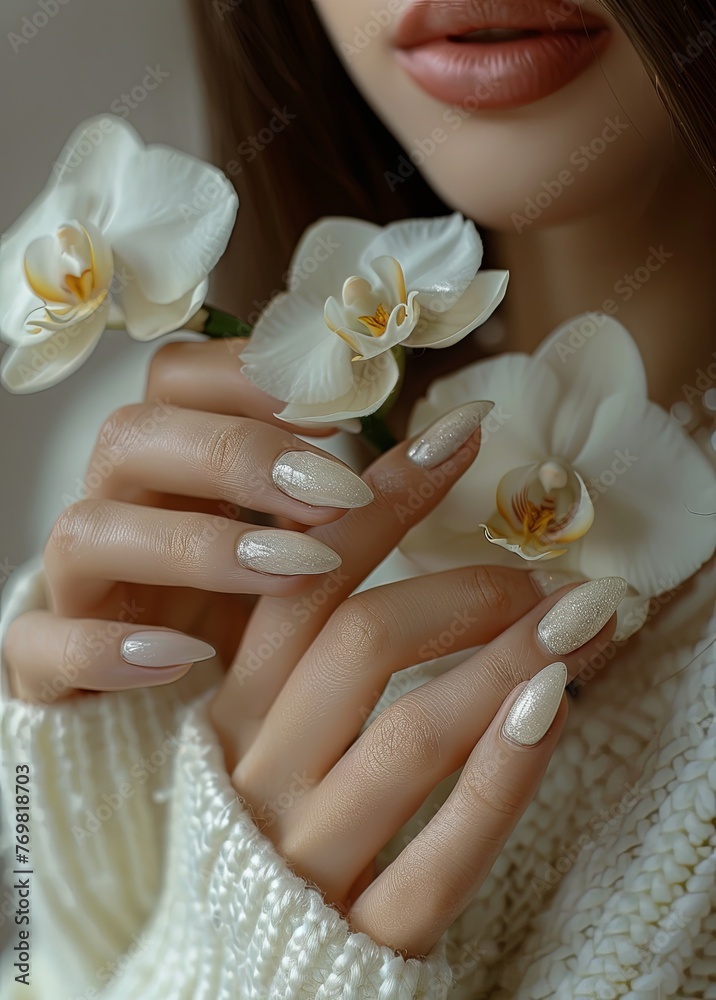Beautiful woman's hands with white manicure and nails on a gray background, a closeup photo, a spa concept, a beauty style photography, a white orchid flower in the foreground. Generative AI