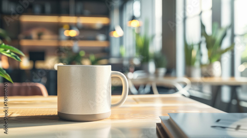 Ceramic mug on wooden table in a sunlit modern cafe