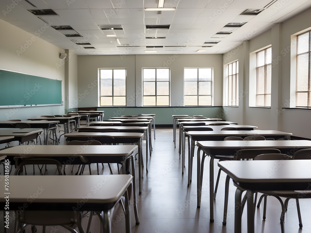 Tables in an empty classroom design.