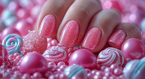 Candy-themed nail art design with lollipops and candies, vibrant pink base color for summer. High resolution, high quality, professional photography. Generative AI
