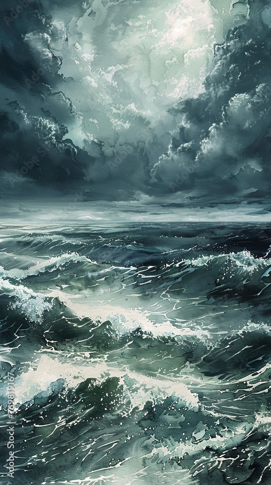 Fototapeta premium Stormy seascape, dark blues and greys, wide lens, dramatic, watercolor turmoil 