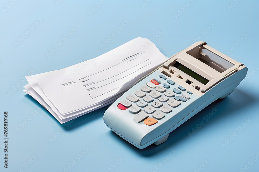 Terminal with blank receipts on a light blue background design. Terminal with blank receipts on a light blue background design.