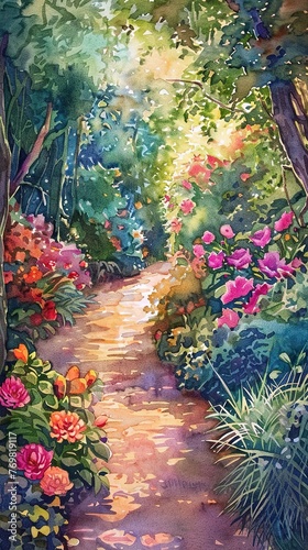 Blossoming garden in spring  vibrant flora  eye level  cheerful  watercolor vibrancy