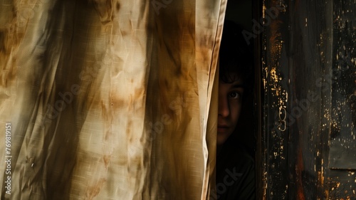 A person peeks out from behind a tattered curtain in dimly lit, textured environment.