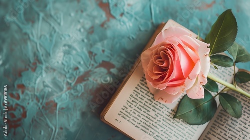 A pink rose resting on an open book against a textured turquoise background. photo