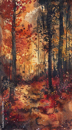 Forest in autumn, rich golds and reds, eye level, enchanted, watercolor warmth 